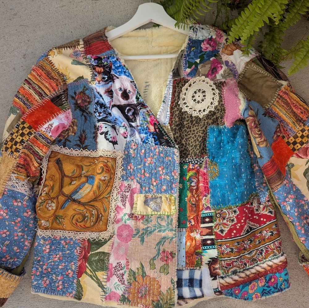 Handmade Boho Hippie Handstitched Patchwork Jacket Upcycled Appliqué Oversized - Picture 8 of 14